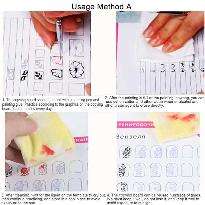 HomeSoGood Nail Art Book Design Practice Acrylic Nail Art Practice with 3pcs Nail Liner Pen 360pcs Nail Wipes,Lines Drawing Template Learning Book Reusablev
