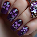 Purple Flower Press on Nails Medium Square Fake Nails with Floral Designs Black False Nail Full Cover Glossy Acrylic Artificial Fingernails Spring Summer Stick on Nail for Women 24Pcs