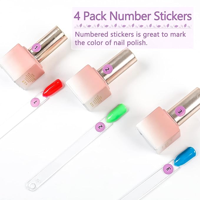 BQAN 200 Pcs Nail Swatch Sticks with Ring, Nails Art Display/Nail Practice Sticks for Home or Salon Use, 4 Pack Number Stickers
