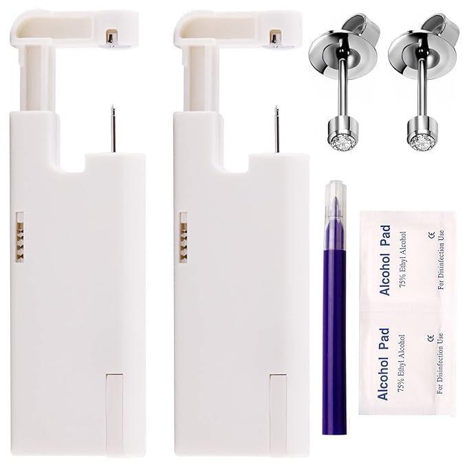 2Pcs Ear Piercing Kit Automatic and Painless Ear Nail Gun Disposable Aseptic Household Ear Piercing Gun Portable Ear Piercing Gun Group Ear Piercing Tools (3mm, Silver)