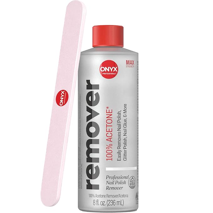 Onyx Professional 100% Pure Acetone Nail Polish Remover Kit with 7 inch Nail File, 8 fl oz - Made in USA, Maximum-Strength Gel Polish Remover, Artificial & Glitter Nail Polish