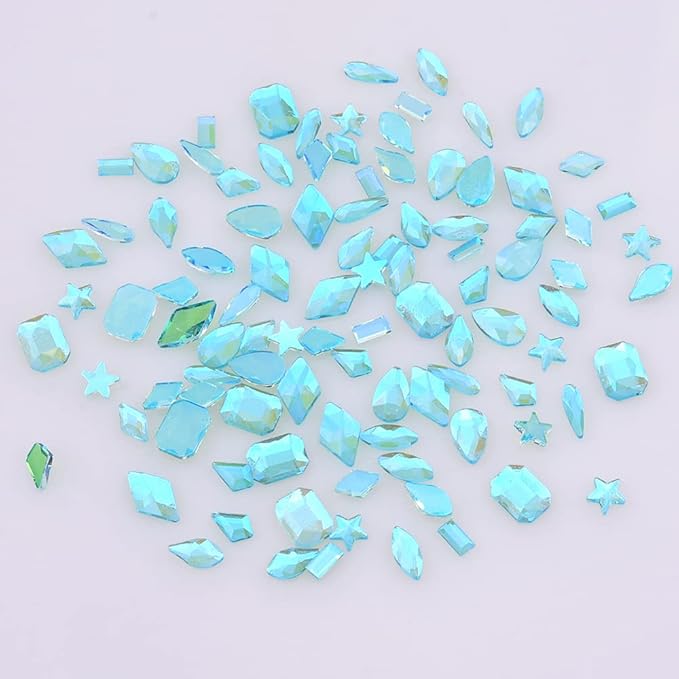100pcs Aurora Aquamarine Si Transparent Crystal ab Flat Back Glass Colored Nail Gems and Rhinestones Bulk Shapes Mix for Nail Design