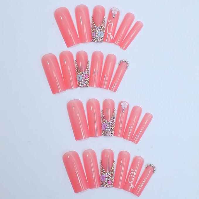 RTKHFZE Extra Long Press On Nails - Pink Full Cover False Nails with 3D Flower & Rhinestone Designs, French Tip, 24 Pcs