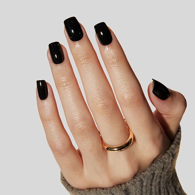 LAMIMOSA 32Pcs Solid Black Press on Nails Short Square - Soft Gel Fake Nails in 16 Sizes, Reusable Solid Color Glue on Nails Kit, MIDNIGHT