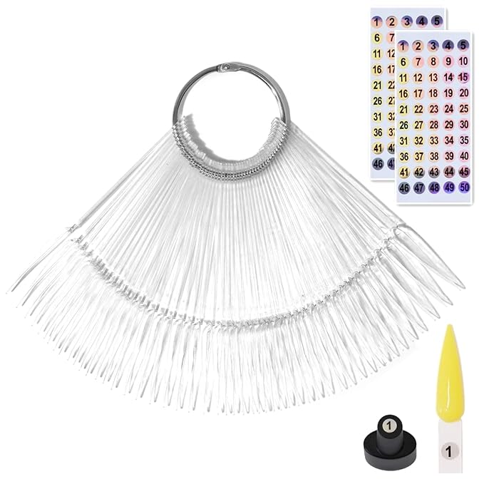 50pcs Nail Swatch Sticks with Number Stickers Nail Color Display Stiletto Tips Clear Nail Sample Sticks with Ring Practice Nail Tips Nail Supplies for Nail Techs Professional Nail Salon