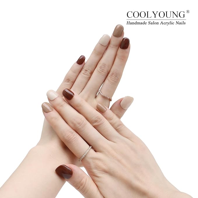 Press-On Nails, Fake Nails With Light Brown, Dark Brown, Beige, Brown Press On Nails, Short Nails, 25 PCS Handmade Nails