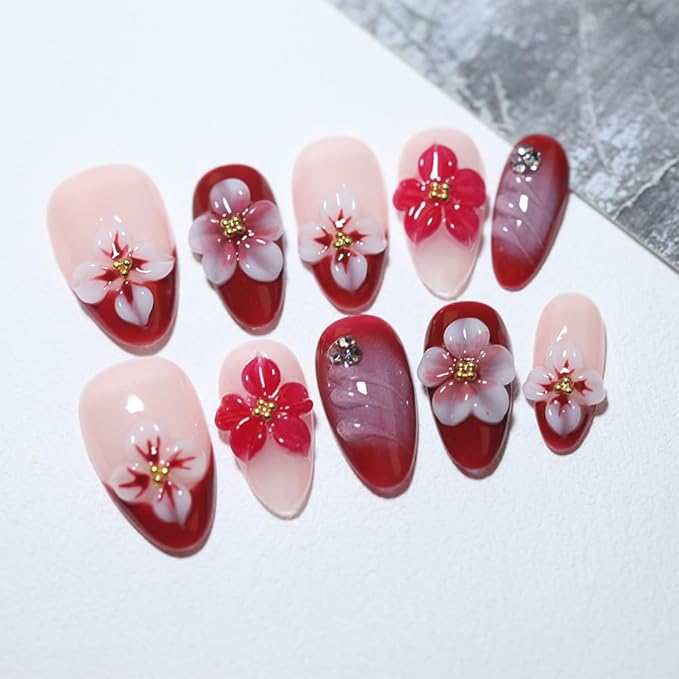 10 short Almond Handmade Press On Nails | 3D Floral Red & Nude Romantic Cherry Blossom Design with Rhinestones,New styles | Skip Salon Trips, Easy to Apply & Remove, Reusable (251108, M)