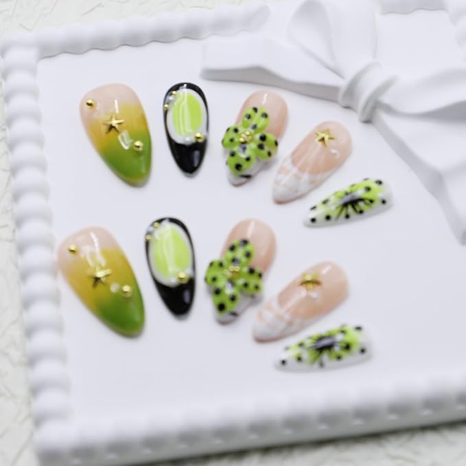 Handmade Press on Nails Medium Almond Nails 3D Green Floral Carved Press Ons Nails Nude Pink Fake Nails Press on Nail Glossy French Tip False Nails with Glue for Women Reusable Acrylic Nails (Size M)