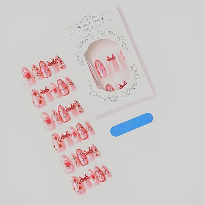 Valentines Press on Nails Medium Almond Fake Nails Red Heart Nails Press Ons 3D Bow Glue on Nail with Rhinestones Design Strawberry False Nails Glossy Stick on Nail for Women Decoration Set 30Pcs