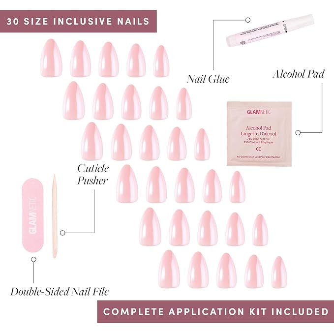 Glamnetic Press On Nails - First Kiss Fake Nails | Short Almond Neutral Pink Nails with a Glaze Finish | 15 Sizes - 30 Nail Kit with Glue