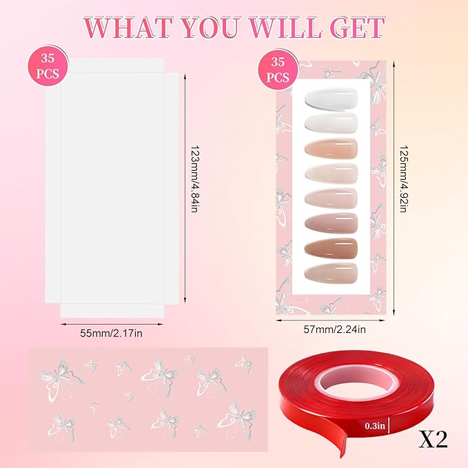 ANGNYA 72PCS Empty Press On Nail Packaging Box Contains 35PCS Butterfly Press On Nail Boxes, 35PCS White Display Cards, 2PCS Double Sided Tapes, Nail Tip Storage Case for Press-on Nail Business