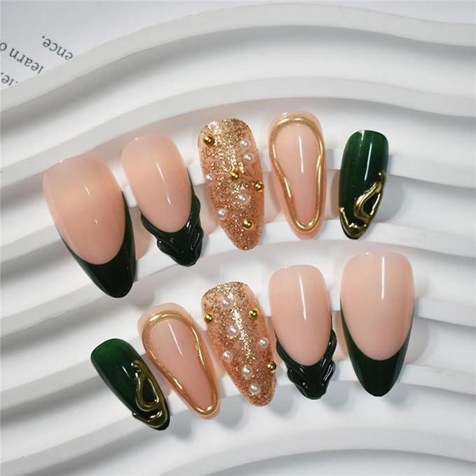 Short Press on Nails Almond Fake Nails French False Nails Green Artificial Nails with Gold Charm Designs Acrylic Nails Press ons Sparkly Stick on Nails for Women 24pcs