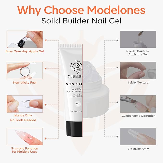 modelones Solid Builder Gel for Nails, Clear Poly Hard Gel Extension for Non-Sticky Apply Upgraded 3D Art Sculpting Molding Starter-friendly 50g