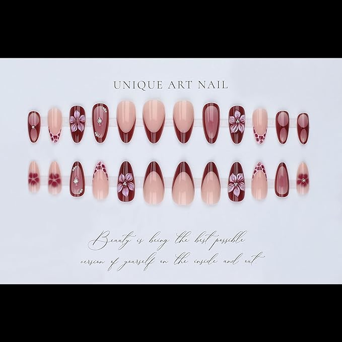 Press on Nails Medium Almond, Flower Fake Nails with Silvery Star Designs, Acrylic Nail French Tip Nails Press Ons, Glossy Purple Glue on Nail, Reusable Full Cover Stick on Nail for Women Manicure