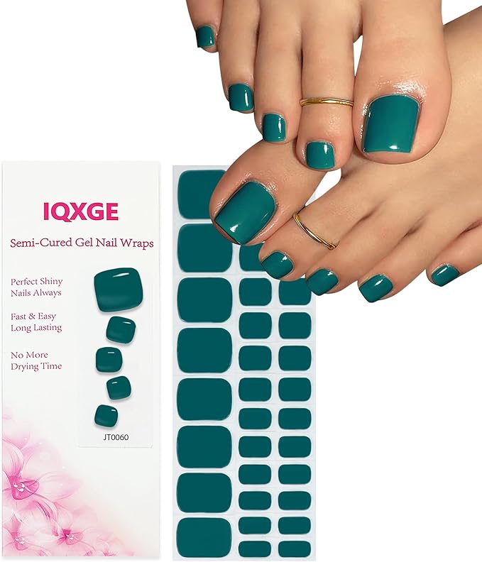 32 Pcs Semi Cured Gel Toe Nail Strips Teal Solid Gel Nail Stickers Full Cover Green Nails Wraps Self Adhesive Toe Nails Polish Strips Stickers for Women UV/LED Light Required