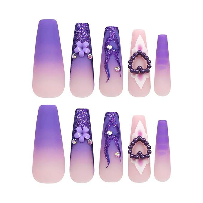 24Pcs CEWEWP Purple Press on Nails Long Coffin False Nails with Pearl Charm Rhinestone Design Glossy Stick on Nails for Women