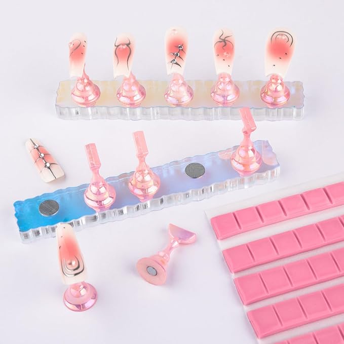 Nail Stand Acrylic Nail Art Display Stand Magnetic Nail Tips Practice Holder 54 Pcs Reusable Adhesive Putty for DIY Painting Nails Stand kit (Aurora Pink)