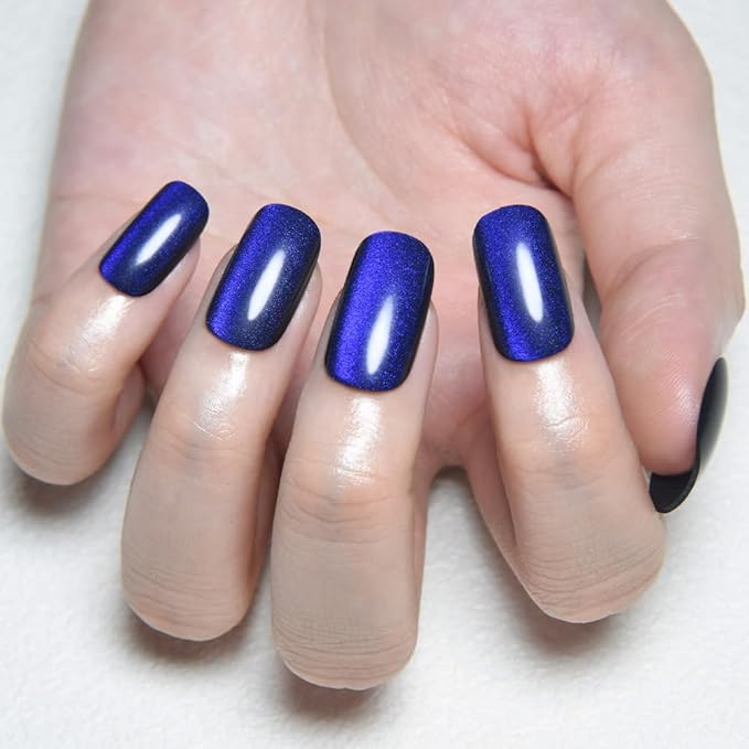 Royal Blue Cat Eye Press on Nails Medium Square, Medium Square Press Stick on Nails Chrome for Women Gift, Blue Holographic Glitter Glossy Reusable Soft Gel Acrylic Fake Nail with Cateye Effect Design