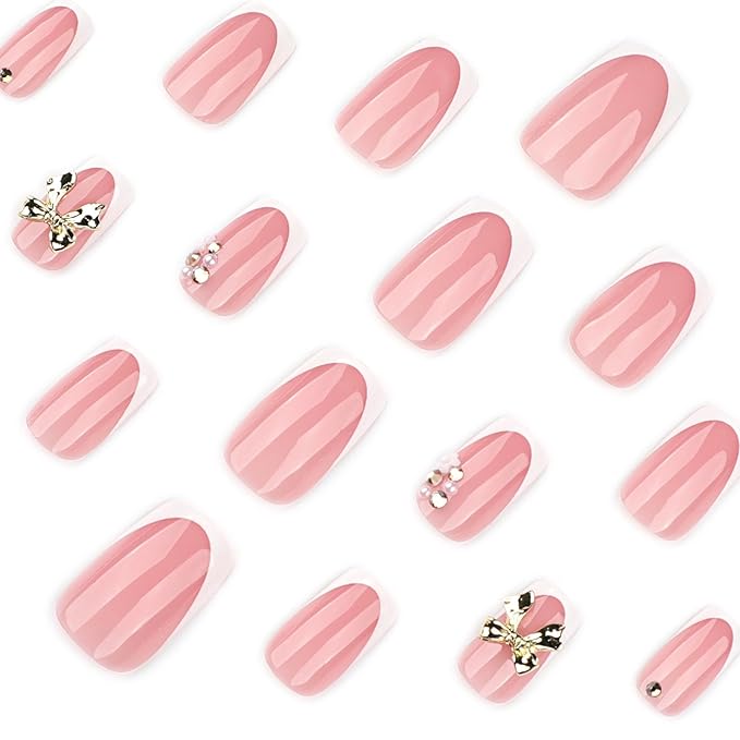 Short Press on Nails Square - White Fake Nails with Bow Design - Rhinestone, Shiny Full Cover Stick on False Nails for Women 24 Pcs