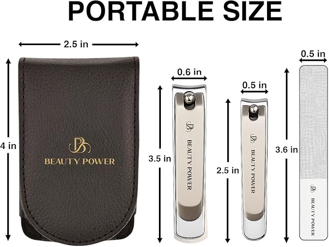 Nail Clippers Set 3 in 1 - Stainless Steel Toe Nail Clippers, Fingernail Clipper, Glass Nail File, Anti Splash, Ergonomic Grip in PU Leather Travel Case for Men & Women - Valentine's Gift