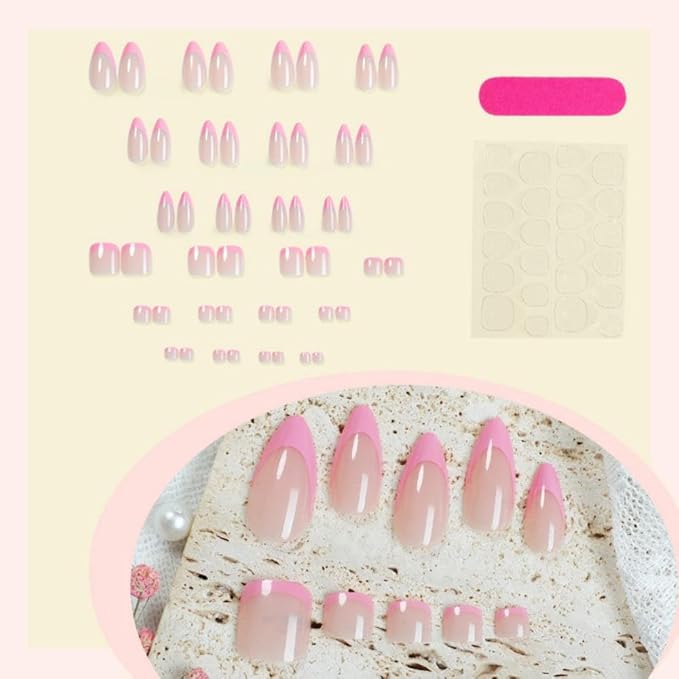 Pink French Tips Press on Toenails Light Pink Press on Nails Medium Almond Fake Nails with Designs Full Cover Pink Stick on Toenails Glossy Summer False Toenails for Women Girls DIY Manicure 48Pcs