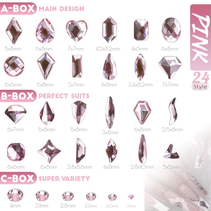 3 Boxes Light Pink Nail Rhinestones 240 Multi-Shapes Flatback Big Gems Round Beads K9 Glass Stones Diamonds Jewels Nail Art Charms for Nails Face Eyes Makeup DIY Crafts Tumblers Bottles Clothes