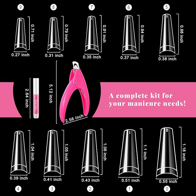 MORGLES Half Cover Coffin Nail Tips Set, 500 Pcs Clear Acrylic Nail Tips, with Glue, Clipper, Files, Cuticle Pusher and Fork for Salons and Home DIY with Box