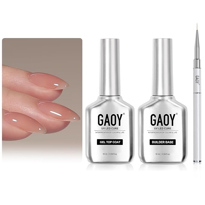 GAOY 2 Pcs Glassy Gel Top Coat and Rubber Base, Jelly Builder Base Nude Sheer Pink 03 Misty Nude with Detailed Liner Brush, Soak Off Nail Strengthener UV Light Cure