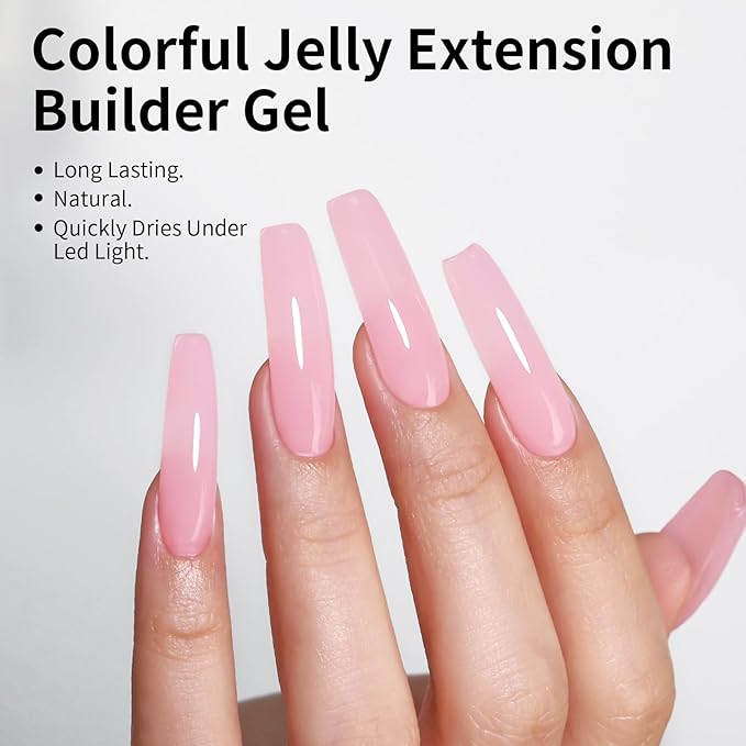 3 in 1 Builder Gel Kit for Nails, 1.23 Oz Light Pink Strengthener and Extender Gel for Long, Strong Nails for Professional Nail Salon Home DIY With Clear Nail Tips Model and Brush