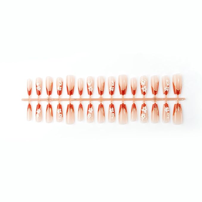 Square Press on Nails Long Fake Nails Red Artificial Nail Seeneey Floral Designs French Stick on Nail for Women 24pcs