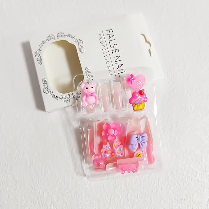 24Pcs Long Press on Nails Square Fake Nails with Charms Nude Pink Acrylic Nails Cute Heart Bear Charm Designs Glue on Nails Reusable Artificial Full Cover Stick on Nails for Women and Girls