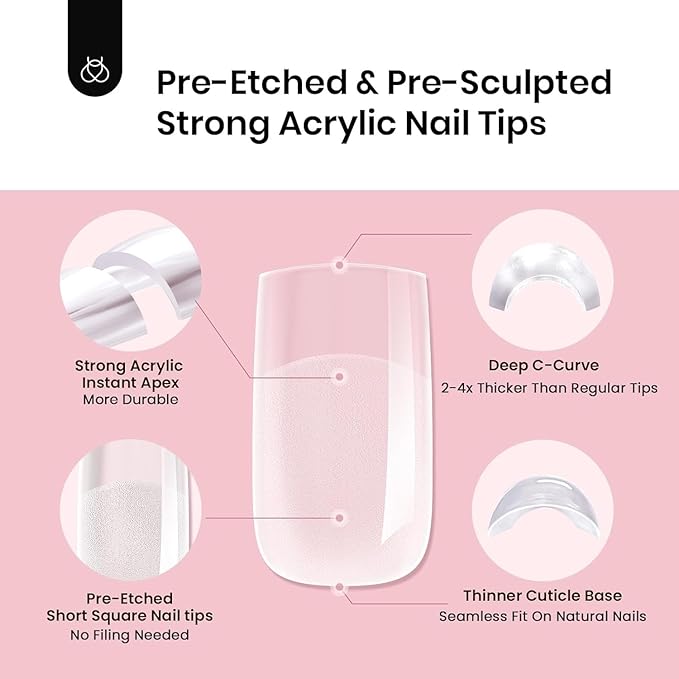 Beetles Tipex Instant Apex Nail Tips,Square Short Pre-Building & Pre-Etched Thicker Acrylic Nails Strong Full Cover False Nail Extension Press-on Nails,192 Pcs 16 Sizes