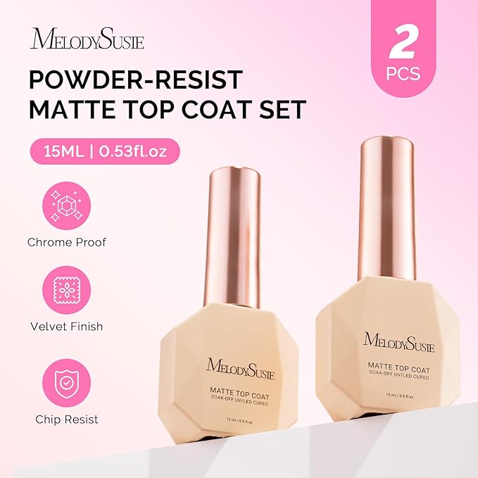 MelodySusie 2Pcs 15ml Matte Gel Top Coat - Powder-Resist Formula, Long-Lasting UV Curable for Detail Chrome Powder Painting, DIY Nail Art, Salon-Grade Matte Finish