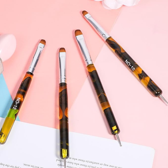 4pcs French Tip Brush for Nails French Gel Acrylic Nail Art Brush Two Way Professional Nail Art Brush with Dotting Tool for Cuticle Clean up Detailed Designs Nail Dotting Pen (10#, 12#, 14#, 16#)