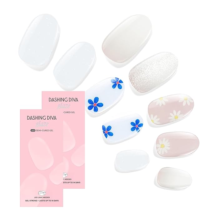 Dashing Diva Glaze Nail Strip Duo - Floral Arrangements Collection - Digital Daisy & We're Just France - Long Lasting, Chip Resistant, Semi-Cured Gel Nail Strips - Contains 2 Colors