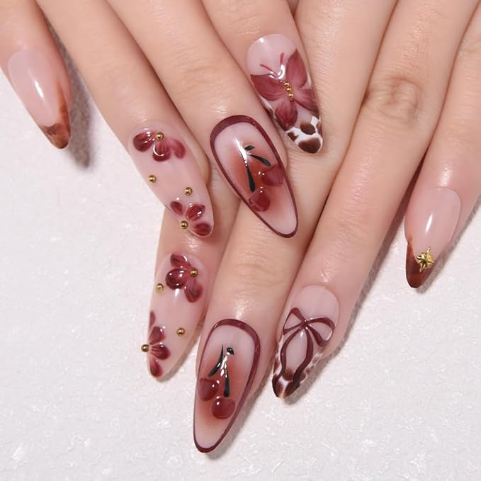 evpct 3D Red Cherry Press on Nails Short Almond with Butterfly Design, Coffee Tip Stick on Nail for Women Gift with Kit, Reusable Full Cover Soft Gel Press on Fake Nail with 3D Red Bow Design