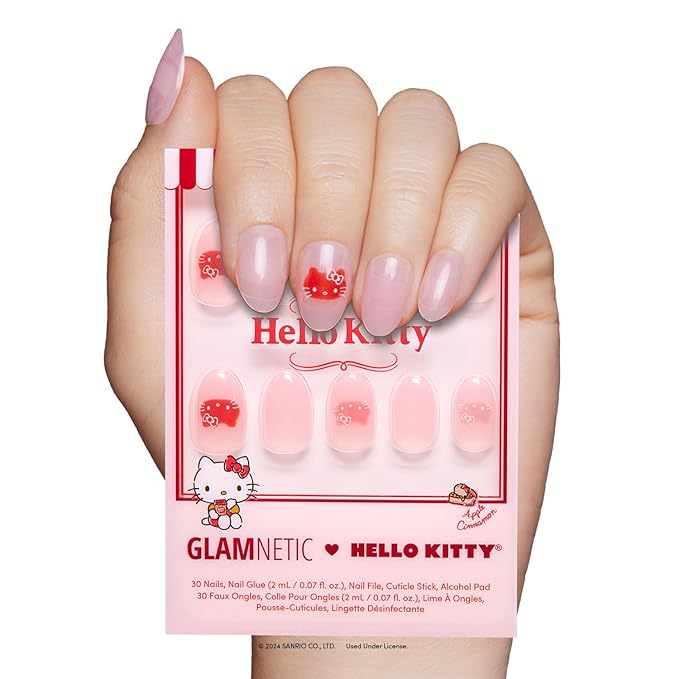 Glamnetic x Hello Kitty® and Friends Press On Nails - Hello Kitty® | Short Oval Red Graphic Fake Nails in a Velvet Finish | 15 Sizes - 30 Nail Kit with Glue
