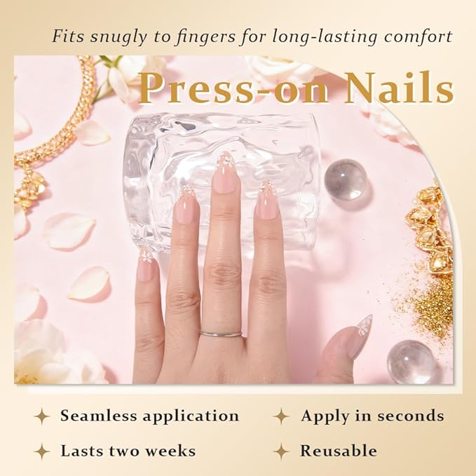 evpct 3D Nude Pink Press on Nails Short Almond with Gold White Flower Design, Short Almond Stick on Nails for Women Gift with Kit, Reusable Soft Gel Acrylic Press on Fake Nail with Floral Design