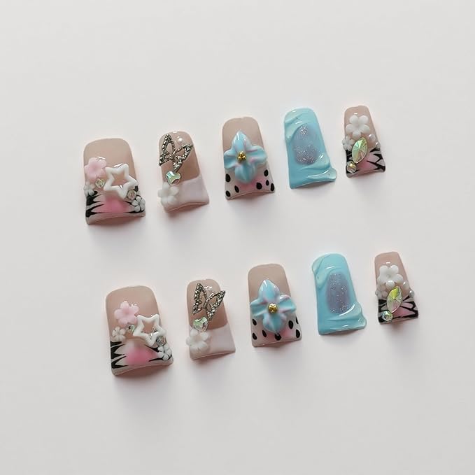 Short Duck Press on Nails - 3D Floral Metallic Butterflies False Nails with Pink French Tip & Leopard Print, Pearls Star Luxury Design, Reusable Thick Acrylic Full Cover (Dance Passion,L)