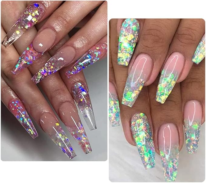 Holographic Mermaid Nail Sequins,6 Jars Chunky Glitter Colorful Fluorescent Glass Paper Iridescent Flakes Sticker for Makeup Decoration Women Party DIY Accessories Sequins Glitters Set