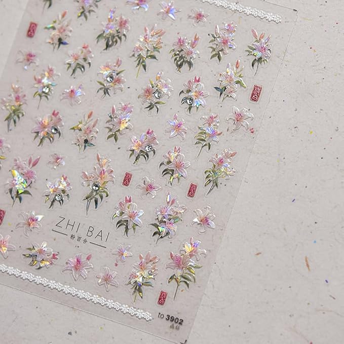 Spring Floral Nail Art Stickers, Blossoms Lily Design with Iridescent Effect, Valentine's Day Decorative Nail Decals (Lily Two)