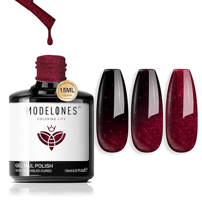 modelones Red Gel Nail Polish Burgundy Wine Color Changing Mood Temperature Change Nail Polish Gel Soak Off Nail Art 15ML