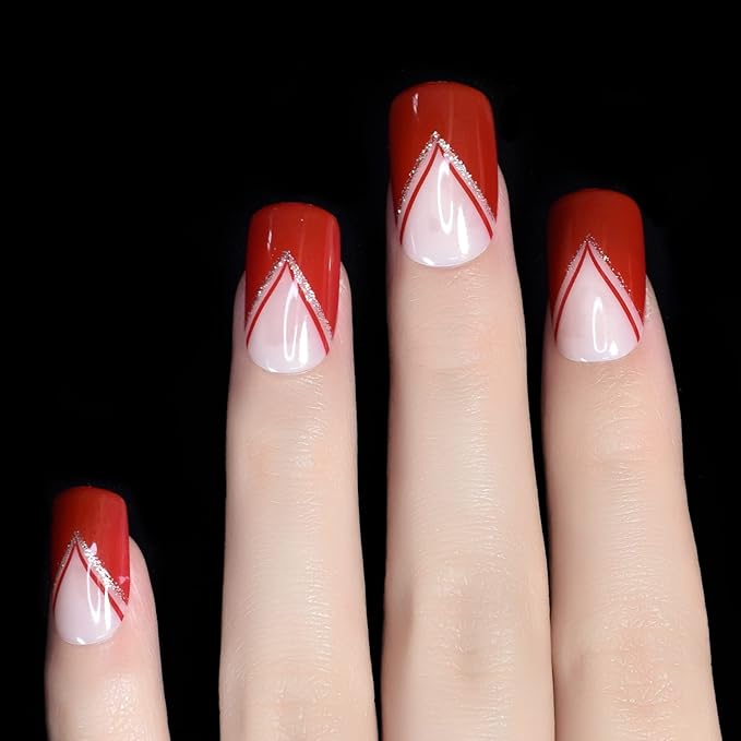 Red Gold Glitter V-Shape Press On Nails Medium Square Acrylic Full Cover Salon DIY False Nails 24 pcs/kit