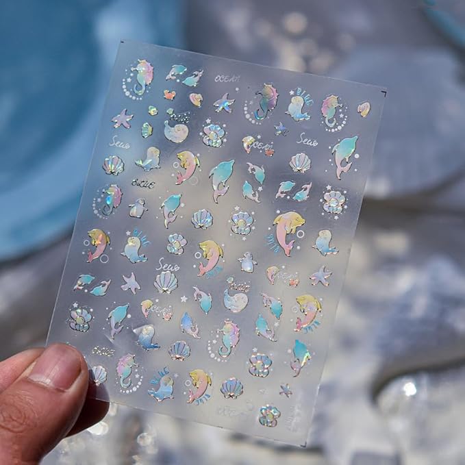 Ocean Nail Stickers Laser Marine Animal Dolphin Nail Designs 5D Embossed Sea Horse Shell Nail Decals 3D Self-Adhesive Aurora Summer Nail Art Decoration for Women DIY Manicure 1 Sheet