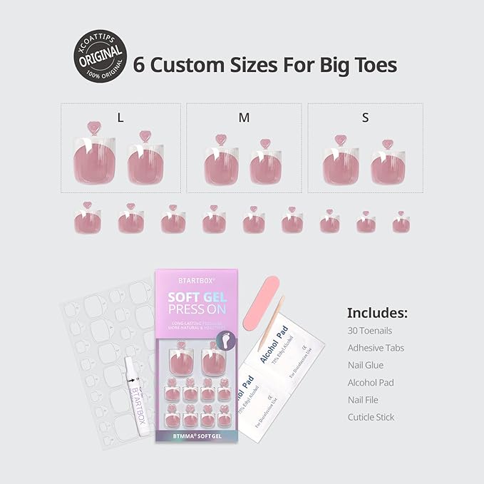 BTArtbox Press On Toenails - Sharp Square Glaze White French Tip Toe Nail Press Ons with Glue for Women, Opaque Fake Toe Nail Tips in 15 Sizes - 30 Toenails Kit, Electrophile