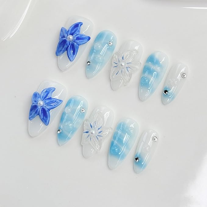 Medium Almond Press on Nails Handmade Nail Thick Fake Nails with Glue,Milky White False Nails with 3D Blue Flower Art Design Rhinestone Nature Acrylic Nails for Wome (Size M)