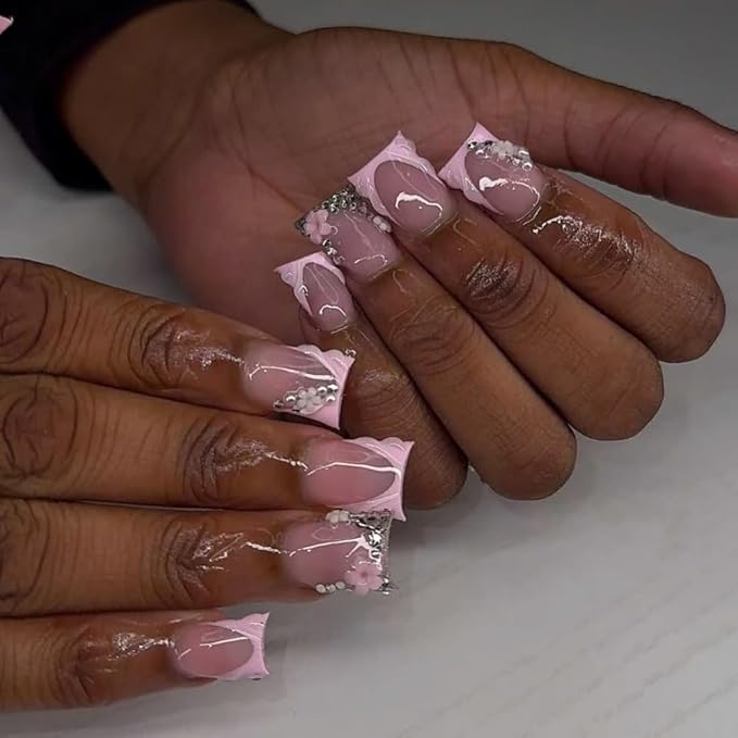 French Tip Press on Nails Handmade Short Duck 3D Floral Thick Acrylic Nails Cute False Nails with Rhinestones Flower Designs Pink Glossy Fake Nail Sturdy Art Press on Nail 10Pcs(S)