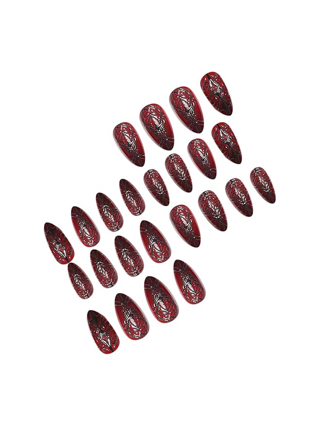 Long Almond Press on Nails Halloween Dark Red Artificial Fake Nails with Black Spider Web Designs Stick on Nail for Women 24pcs