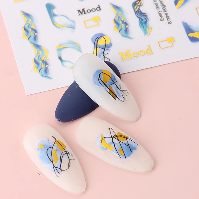 Marble Wave Nail Art Stickers, French Line Nail Art Transfer Decals Designs, 3D Geometry Gold Line Heart Nail Self-Adhesive Sticker Supplies for Women Girls Manicure Decorations, DIY Resin Nail Decal
