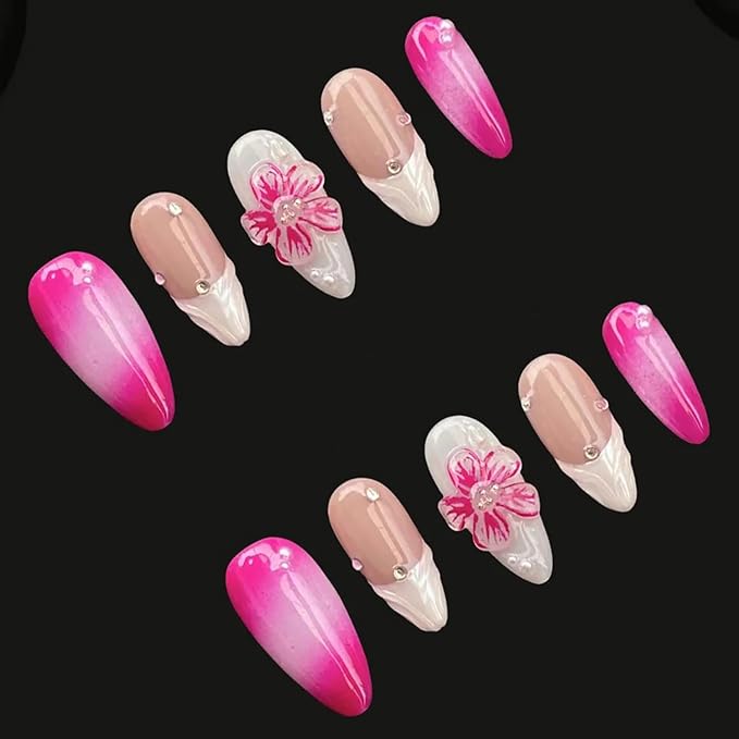 Luxury Press on Nails Medium Almond Handmade 3D Unique Reusable ABS Material Fake Nails White French Tip False Nails with Designs Flower Art Petal Pink Glossy Glue on Nails Thick Acrylic Nails(S)